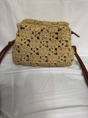 Sam Edelman Beige straw Crossbody with Brown Strap and Gold Logo